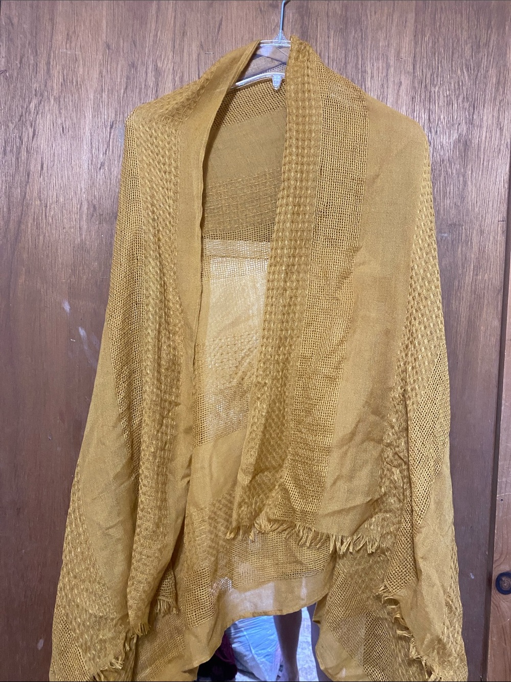 Women's Open-Knit Fringe Shawl Sweater in Mustard